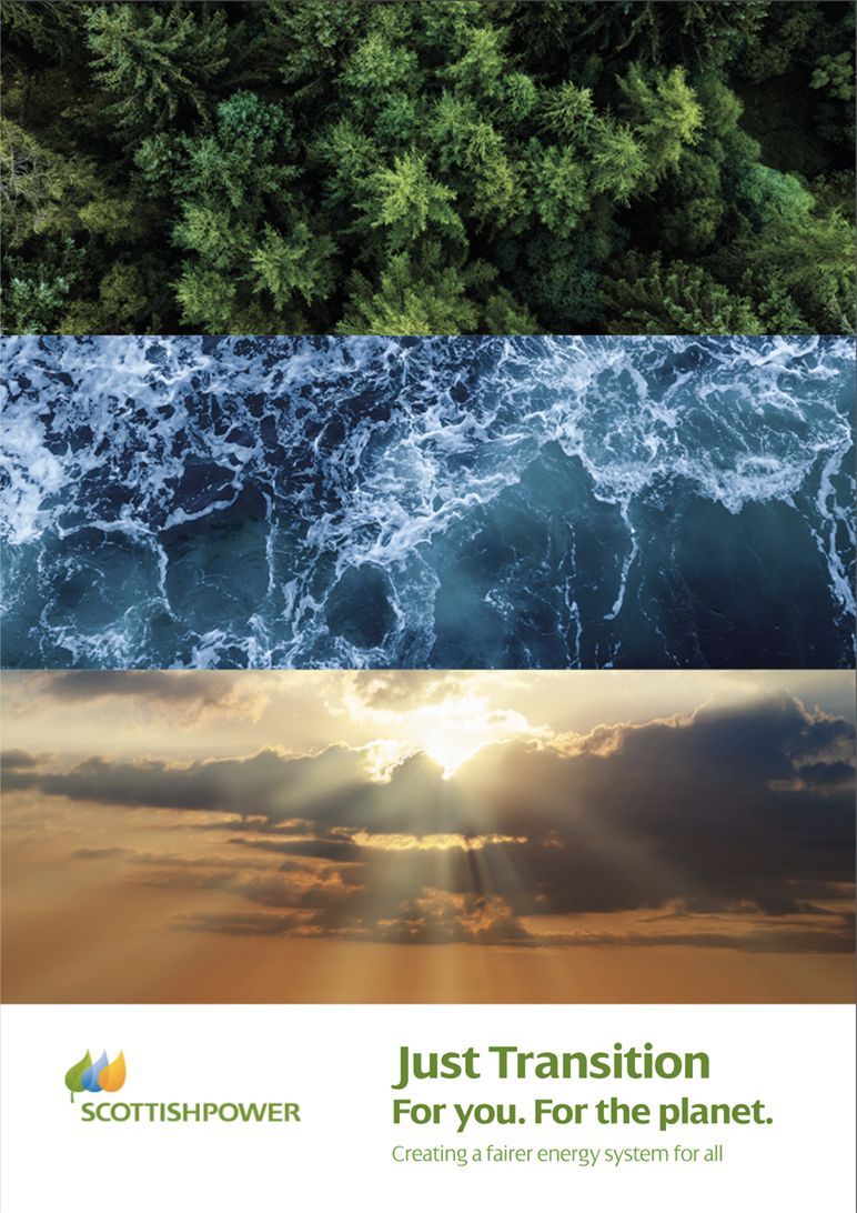 "Just Transition. For You. For the Planet. Creating a fairer energy system for all" Featuring trees, water and sky.