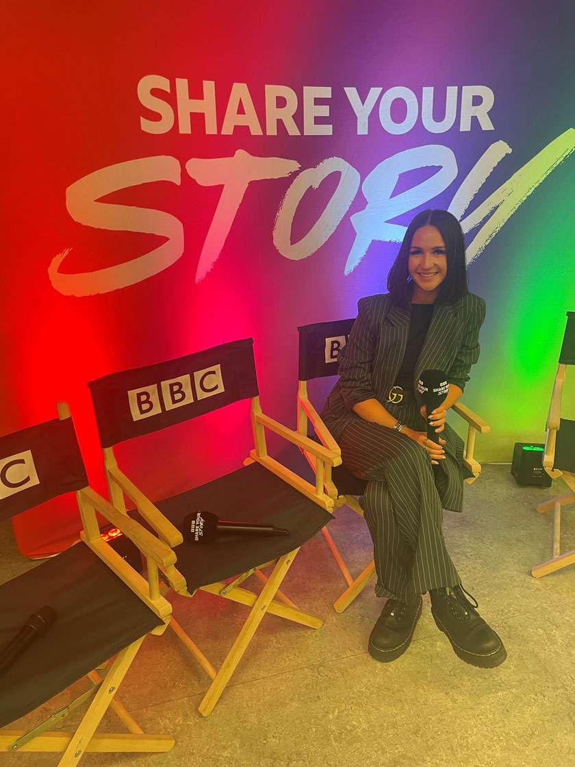 Image of Katy sitting at the BBC share your story studio