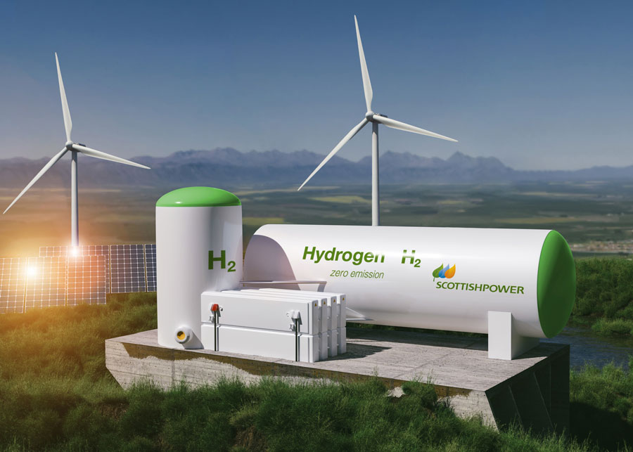 Computer Graphics representation of a hydrogen storage tank accompanied by solar panels and wind turbines in background.